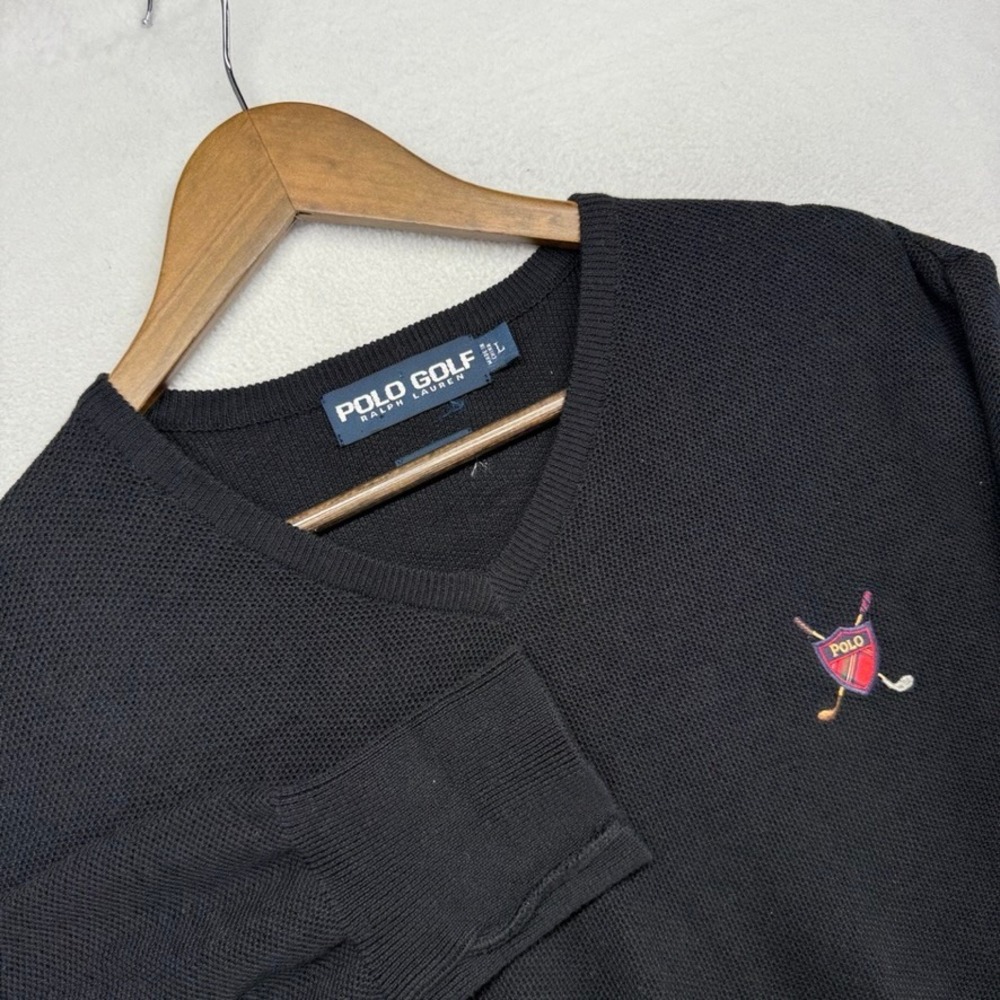 Vintage Ralph Lauren Sweater Mens Large Black Crest knit Polo Golf V Neck 90s